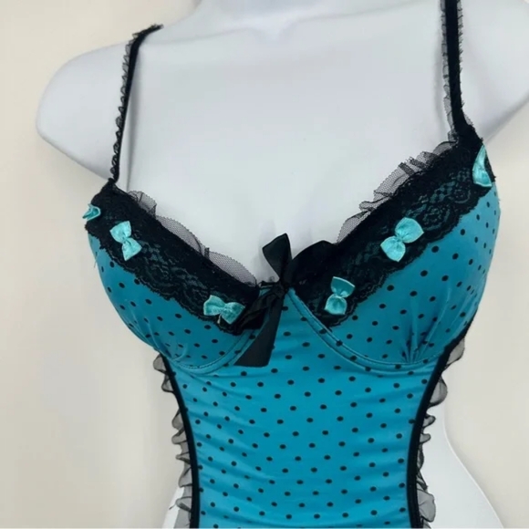 Native Intimates Women's Size M (36B) Lingerie Blue Black Polka Dot Bows Frills - Picture 3 of 6